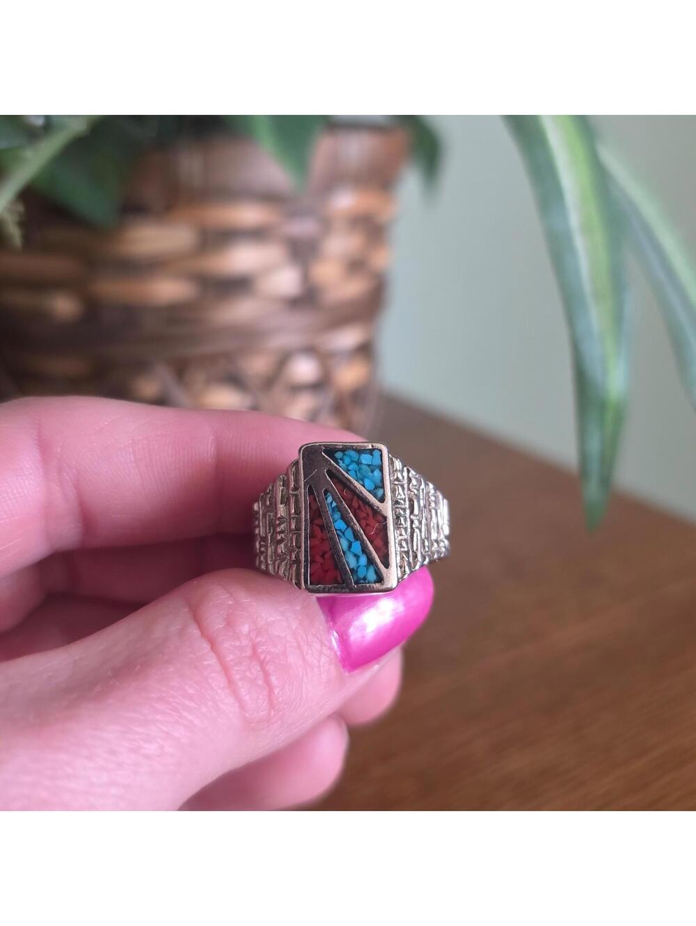 Vintage Men's Native American Southwestern Turquoise & Coral Inlay Ring